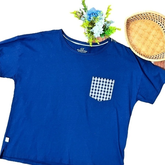 Vineyard Vines Blue Navy Preppy Gingham Pocket Short Sleeve Shirt Sz Extra Large - Picture 4 of 17